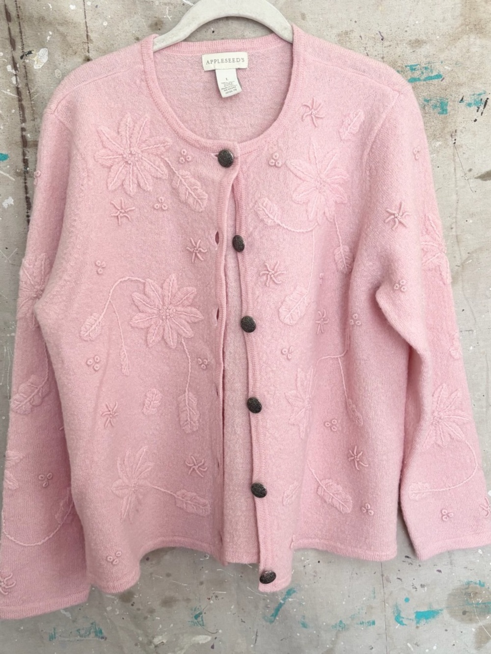 Appleseed's Wool Felted Blush Pink Embroidered Floral Cardigan Sweater